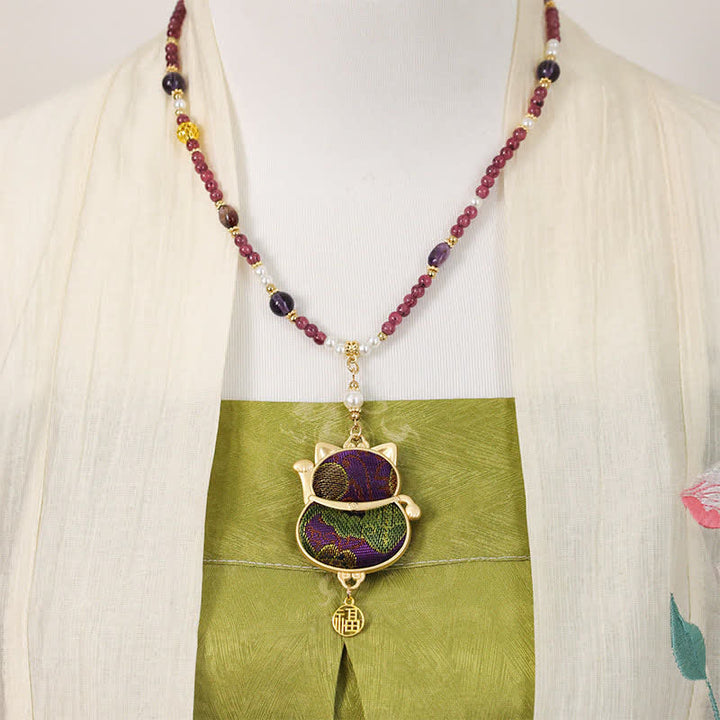 Buddha Stones Collier porte-bonheur en brocart Song, motif chat Fu, symbole de chance et de bénédiction - image 4