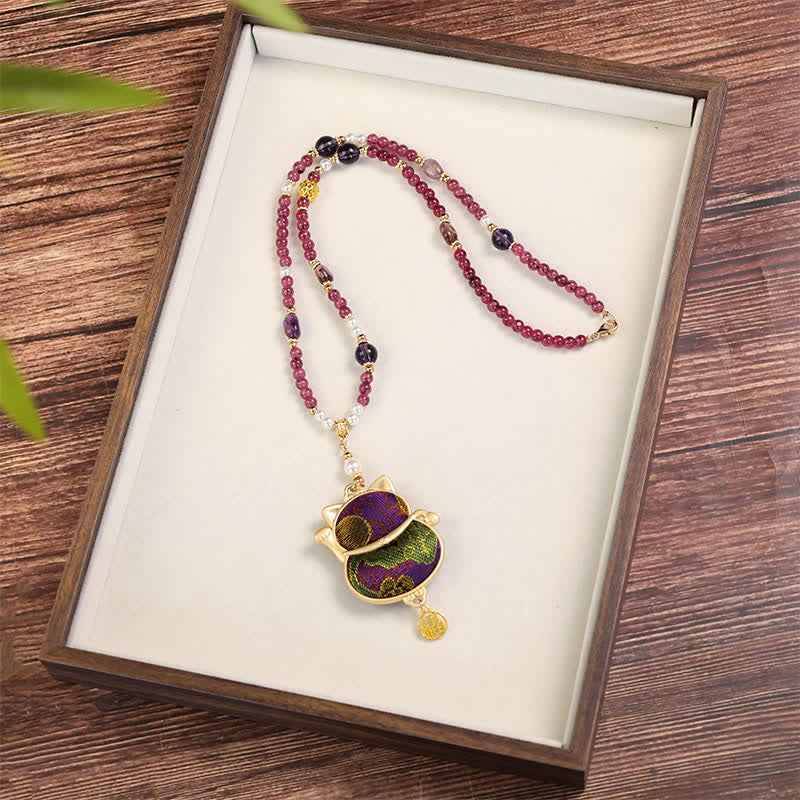 Buddha Stones Collier porte-bonheur en brocart Song, motif chat Fu, symbole de chance et de bénédiction - image 1