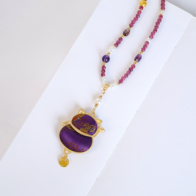 Buddha Stones Collier porte-bonheur en brocart Song, motif chat Fu, symbole de chance et de bénédiction - image 3