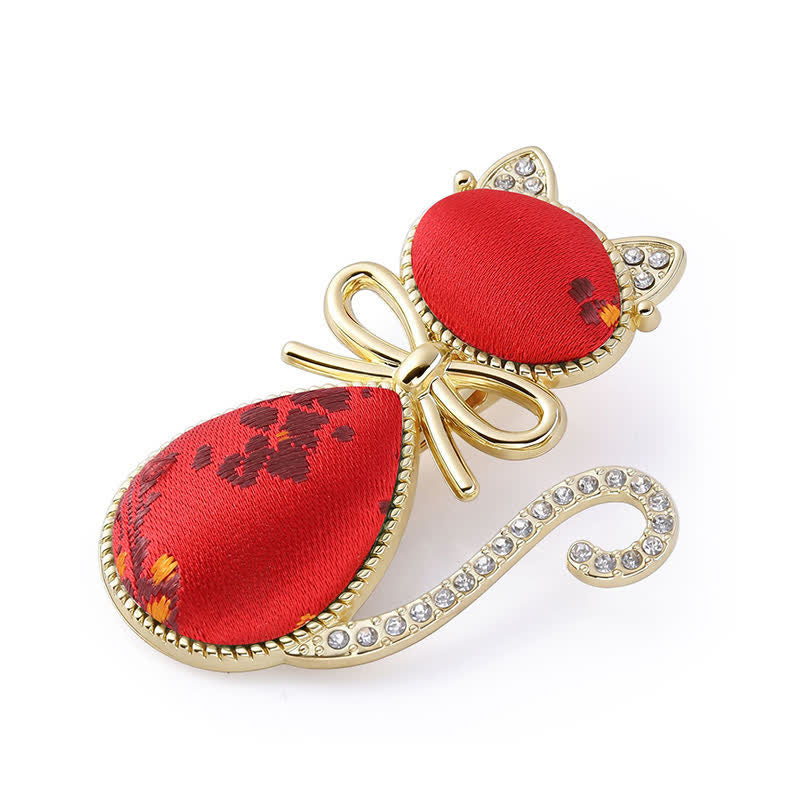 Buddha Stones Bâtonnet à cheveux style chinois Song Brocade Cat plaqué or et strass - Rouge (Même teinte – motif variable) - image 3