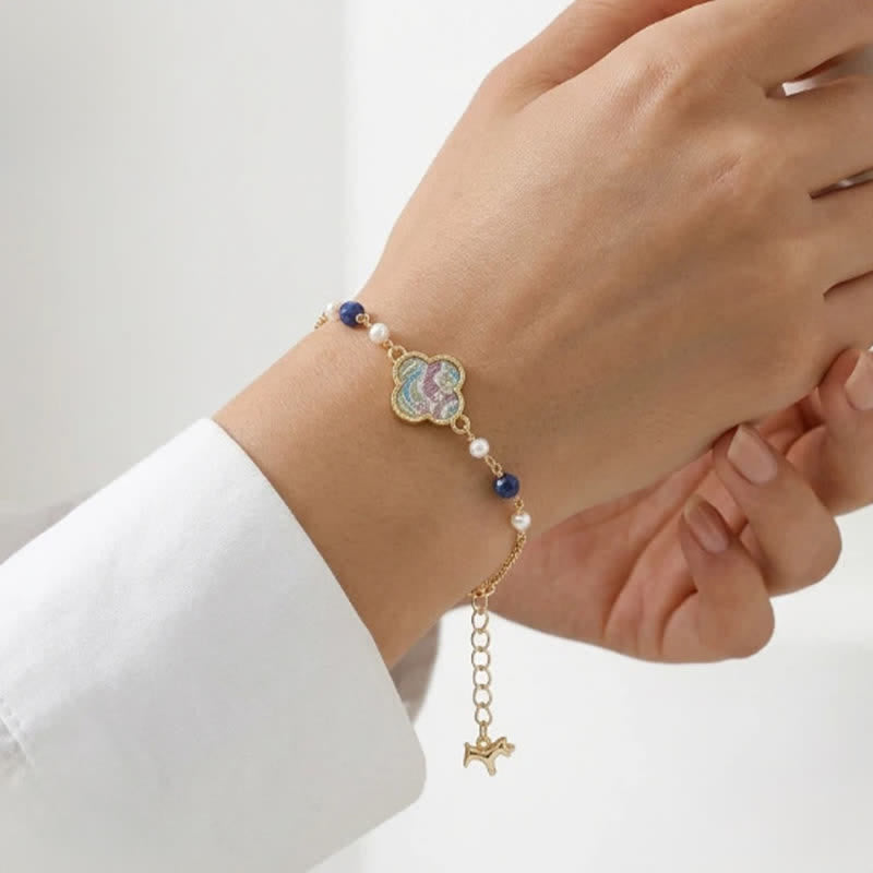 Buddha Stones Bracelet ajustable en cuivre orné de perles et de brocart Song à quatre feuilles, symbole de pureté et de trèfle à quatre feuilles - image 4