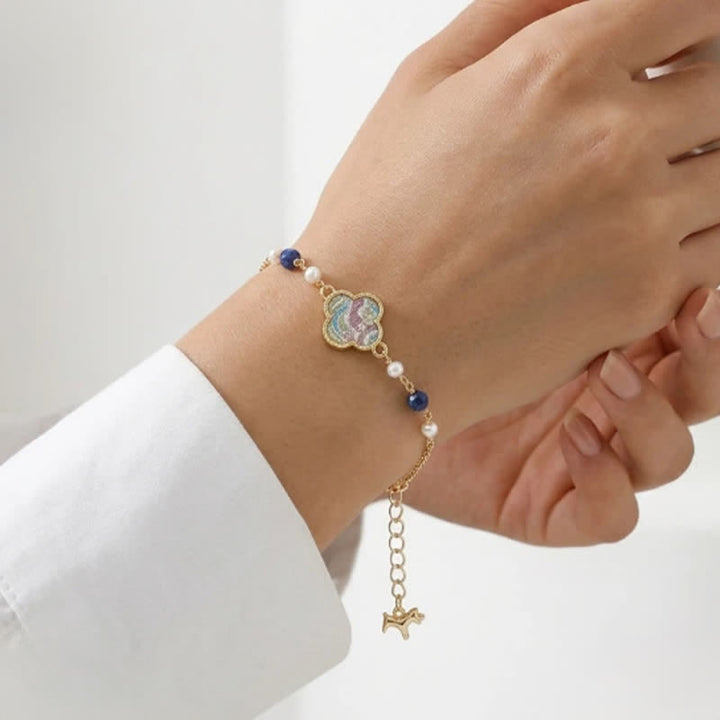 Buddha Stones Bracelet ajustable en cuivre orné de perles et de brocart Song à quatre feuilles, symbole de pureté et de trèfle à quatre feuilles - image 4