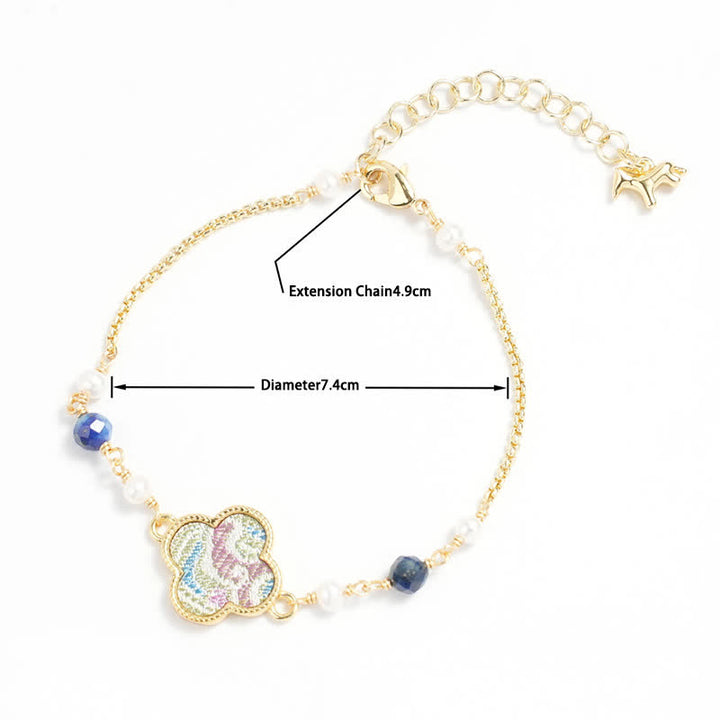 Buddha Stones Bracelet ajustable en cuivre orné de perles et de brocart Song à quatre feuilles, symbole de pureté et de trèfle à quatre feuilles - image 3