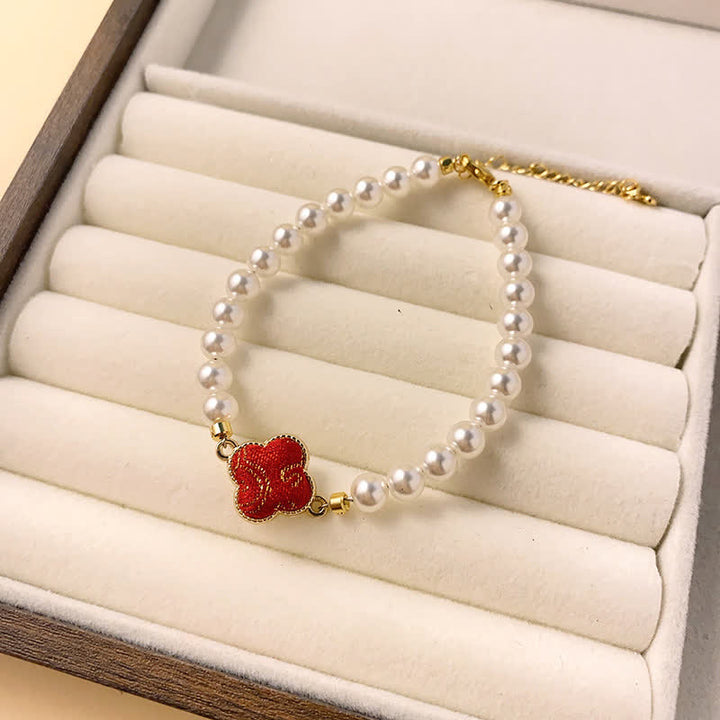 Buddha Stones Bracelet chinois neuf en brocart Pearl Song, motif trèfle et pureté - Rouge (même teinte – motif variable) - image 0