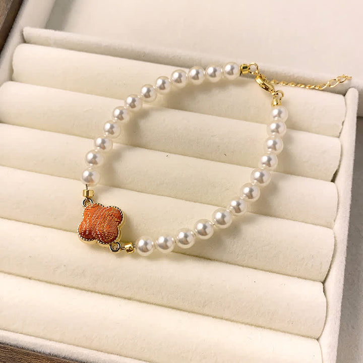 Buddha Stones Bracelet chinois neuf en brocart Pearl Song, motif trèfle et pureté - Orange (même teinte – motif variable) - image 7
