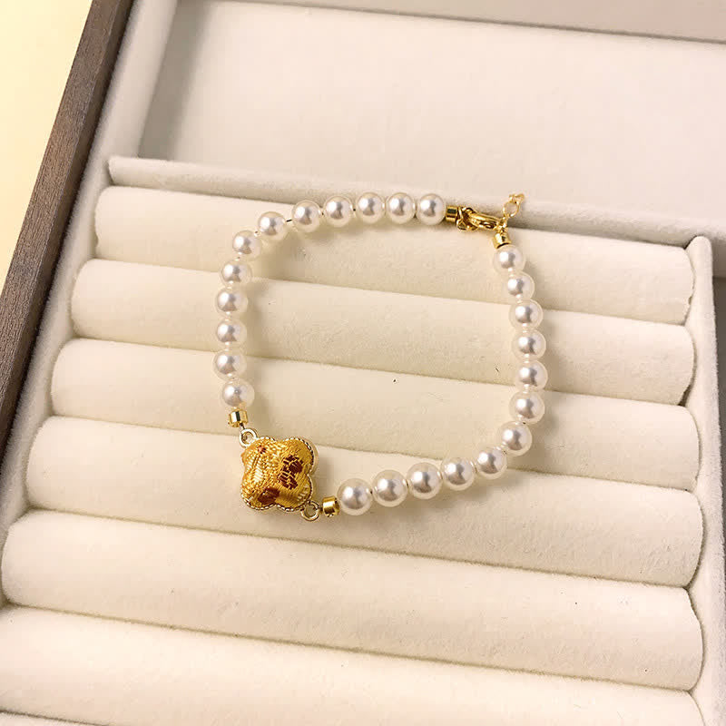 Buddha Stones Bracelet chinois neuf en brocart Pearl Song, motif trèfle et pureté - Or (même teinte – motif variable) - image 2