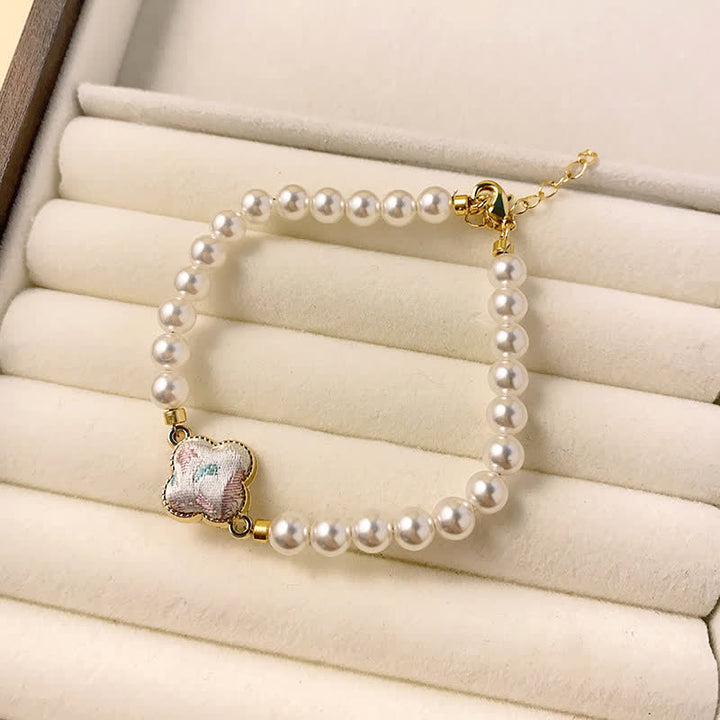 Buddha Stones Bracelet chinois neuf en brocart Pearl Song, motif trèfle et pureté - Gris premium (même teinte – motif variable) - image 6
