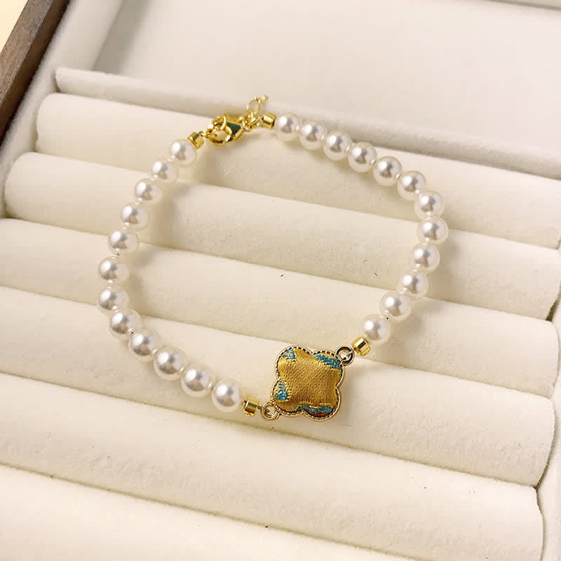 Buddha Stones Bracelet chinois neuf en brocart Pearl Song, motif trèfle et pureté - Vert doré (même teinte – motif variable) - image 11