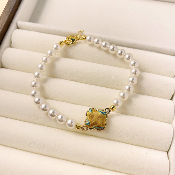 Buddha Stones Bracelet chinois neuf en brocart Pearl Song, motif trèfle et pureté - Vert doré (même teinte – motif variable) - image 11