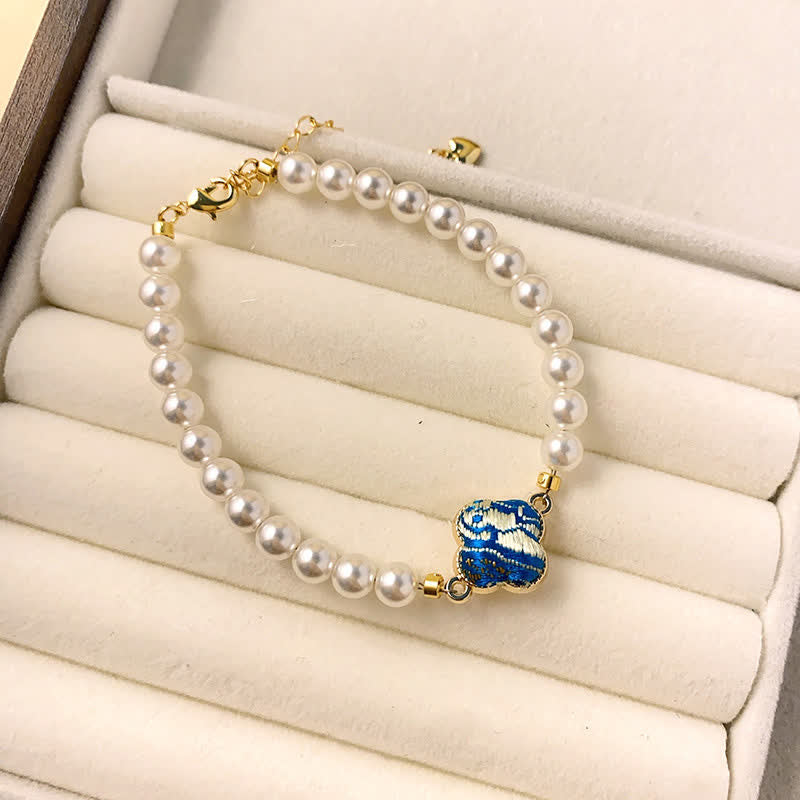 Buddha Stones Bracelet chinois neuf en brocart Pearl Song, motif trèfle et pureté - Bleu lac (même teinte – motif variable) - image 9