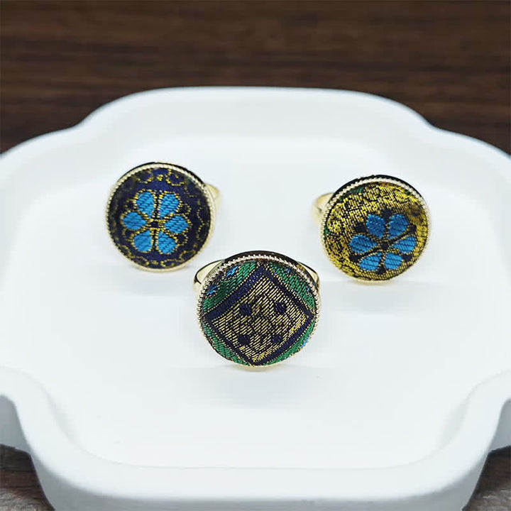 Buddha Stones Bague ronde ajustable en brocart à motif floral fait main, ornée d'un symbole de bénédiction - image 11