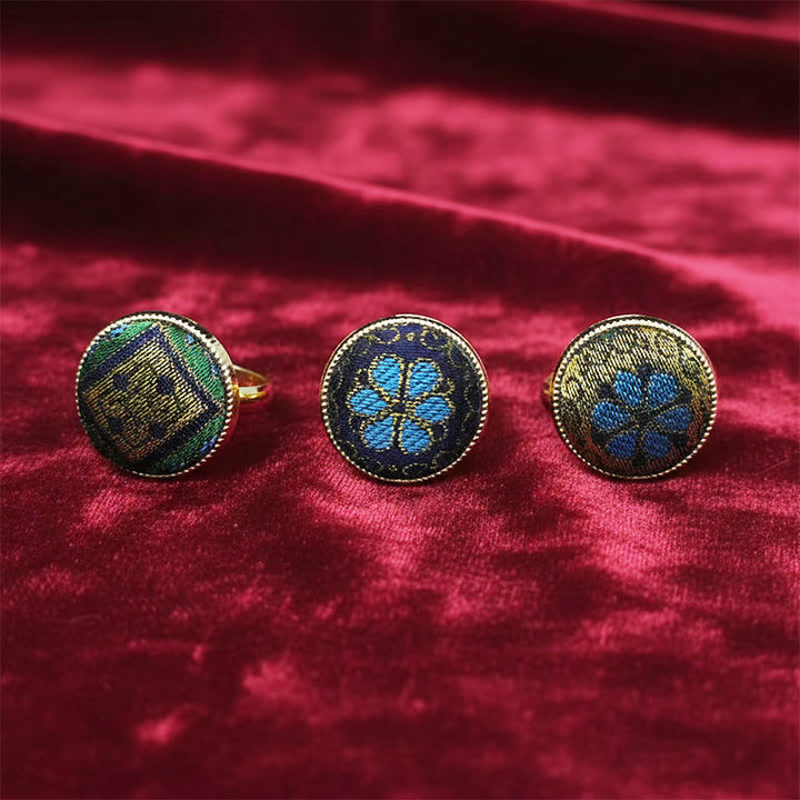 Buddha Stones Bague ronde ajustable en brocart à motif floral fait main, ornée d'un symbole de bénédiction - image 8