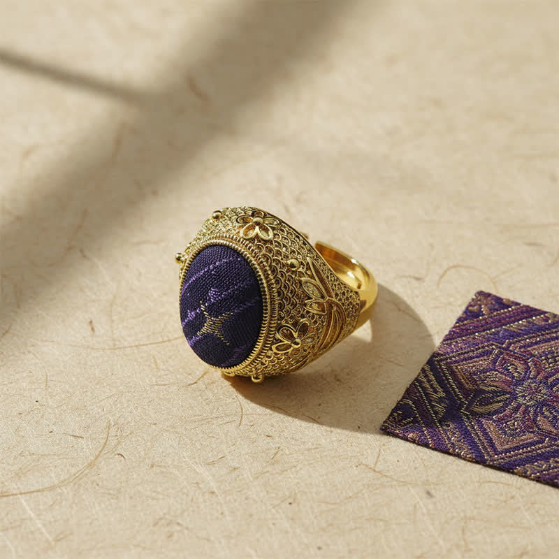 Buddha Stones Bague ovale ajustable de style chinois Song Brocart Prospérité Œuf de Pigeon - Brocart Song (Même ton de couleur – motif variable) - image 0