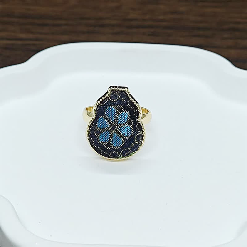 Buddha Stones Bague ajustable de style chinois vintage en brocart Song en forme de gourde, symbole de bénédiction - Noir Bleu (Même teinte – motif variable) - Réglable (Ouvert) - image 7