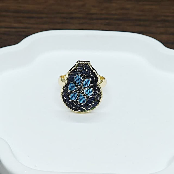 Buddha Stones Bague ajustable de style chinois vintage en brocart Song en forme de gourde, symbole de bénédiction - Noir Bleu (Même teinte – motif variable) - Réglable (Ouvert) - image 7