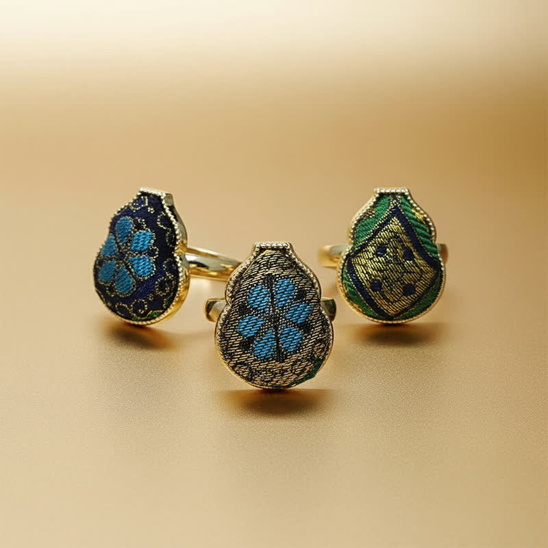 Buddha Stones Bague ajustable de style chinois vintage en brocart Song en forme de gourde, symbole de bénédiction - image 12