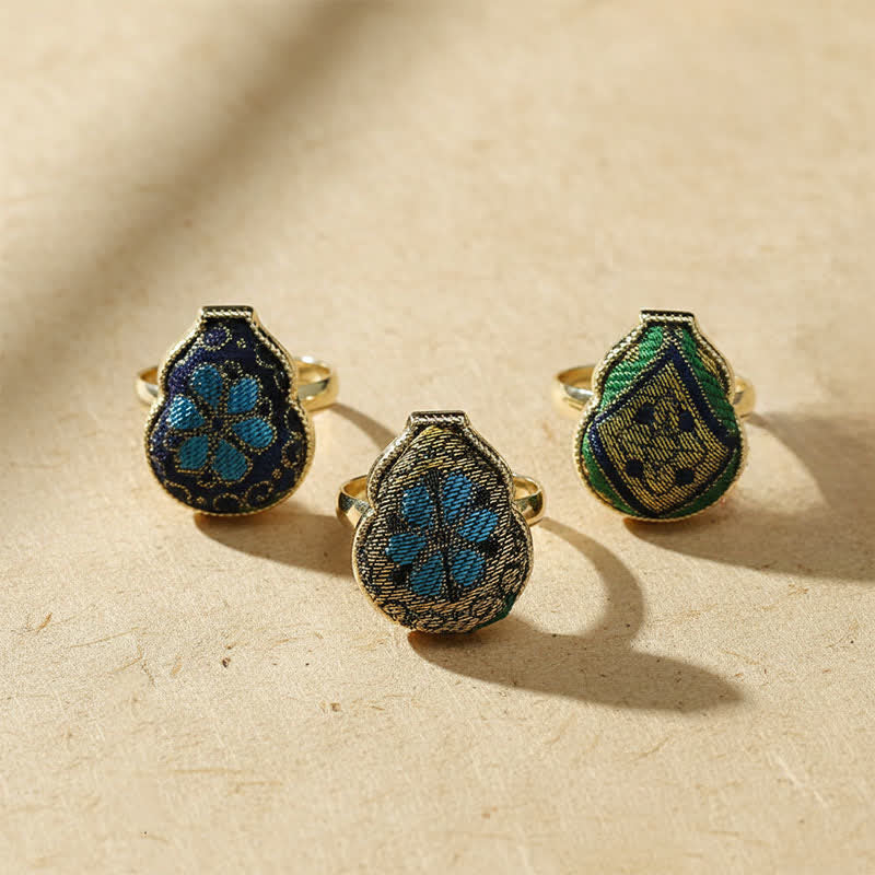 Buddha Stones Bague ajustable de style chinois vintage en brocart Song en forme de gourde, symbole de bénédiction - image 11