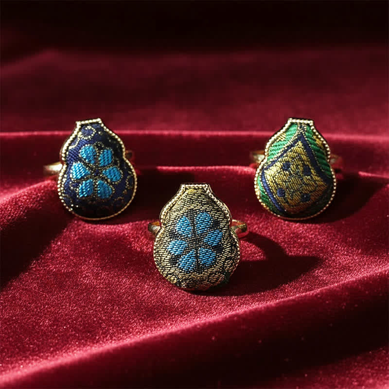 Buddha Stones Bague ajustable de style chinois vintage en brocart Song en forme de gourde, symbole de bénédiction - image 9