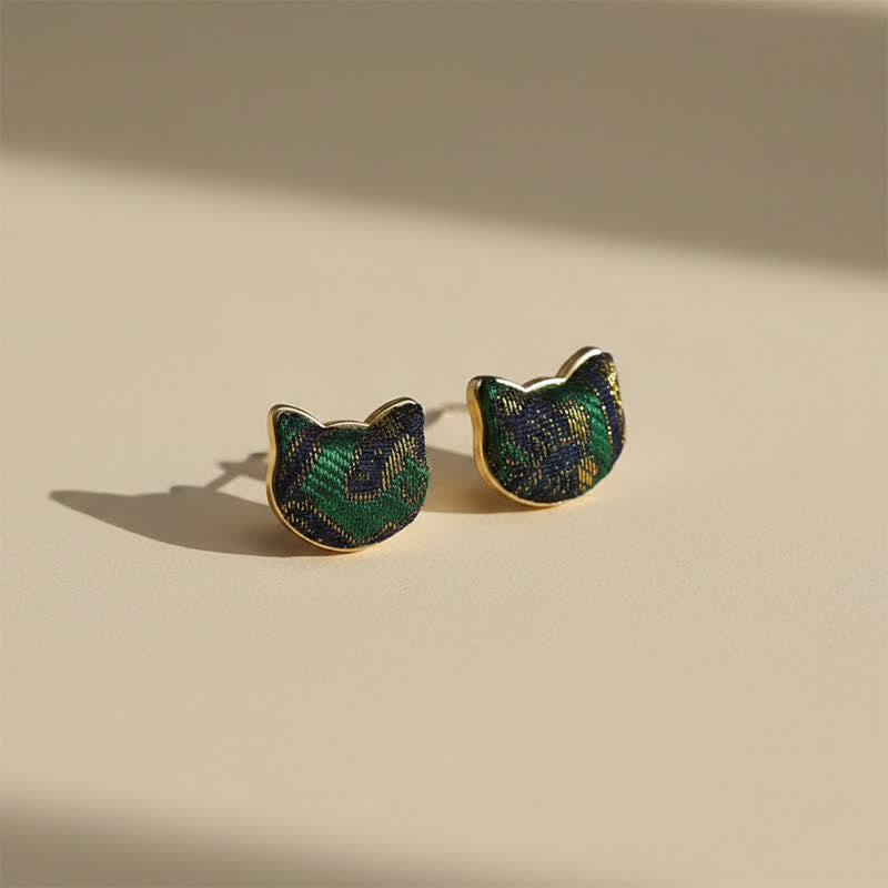 Buddha Stones Boucles d'oreilles chinoises vintage en brocart Song, faites à la main, motif chat béni - Brocart Song (Même ton de couleur – motif variable) - image 0
