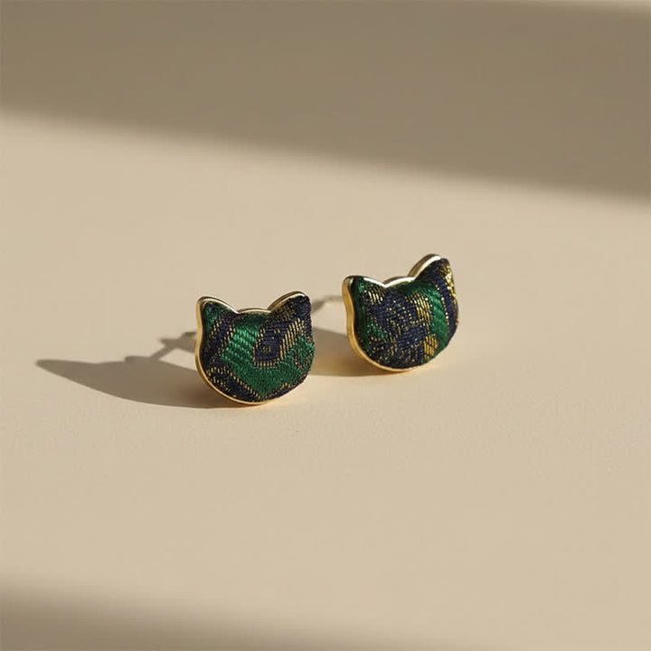 Buddha Stones Boucles d'oreilles chinoises vintage en brocart Song, faites à la main, motif chat béni - Brocart Song (Même ton de couleur – motif variable) - image 0