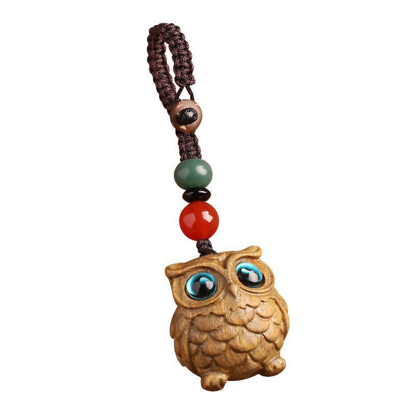 Buddha Stones Porte-clés tressés sculptés à la main en bois de santal vert représentant un hibou serein - image 2