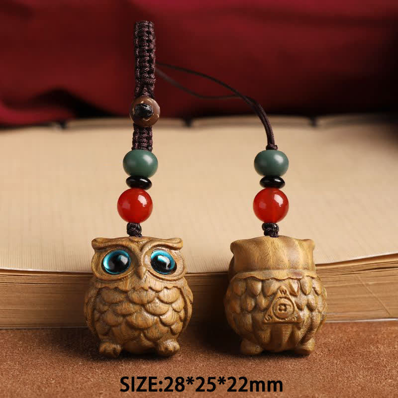 Buddha Stones Porte-clés tressés sculptés à la main en bois de santal vert représentant un hibou serein - image 8