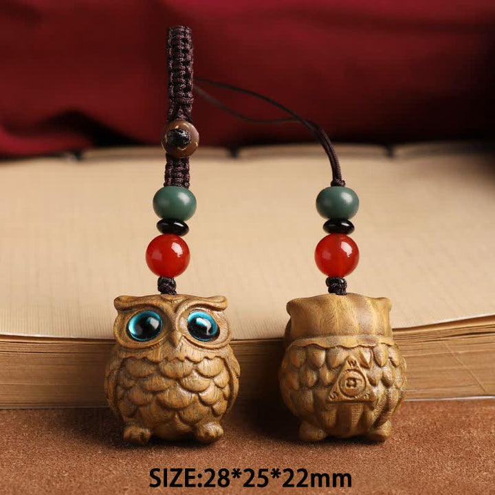 Buddha Stones Porte-clés tressés sculptés à la main en bois de santal vert représentant un hibou serein - image 8