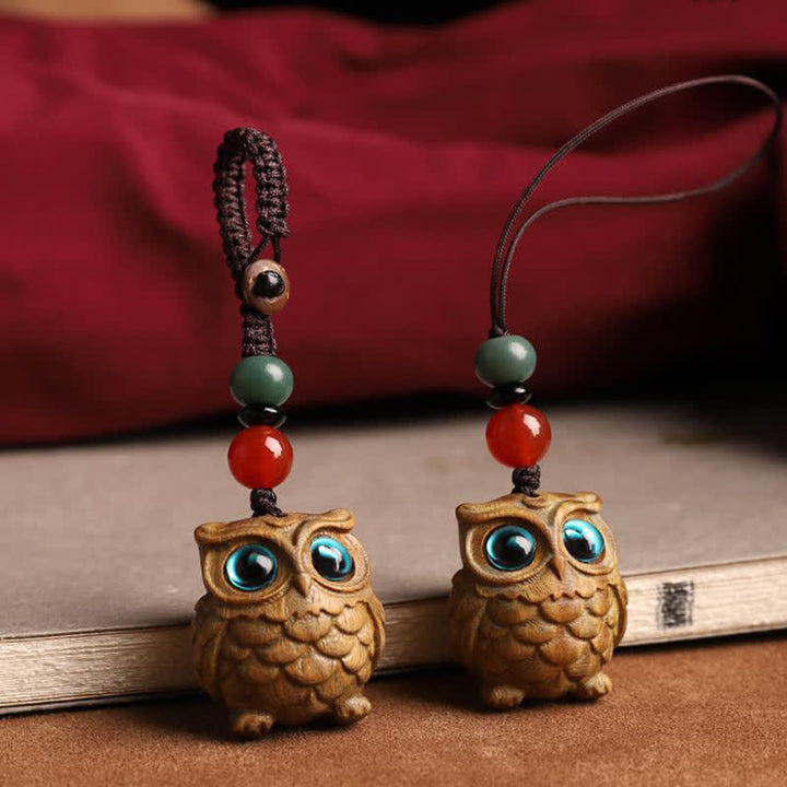Buddha Stones Porte-clés tressés sculptés à la main en bois de santal vert représentant un hibou serein - image 7