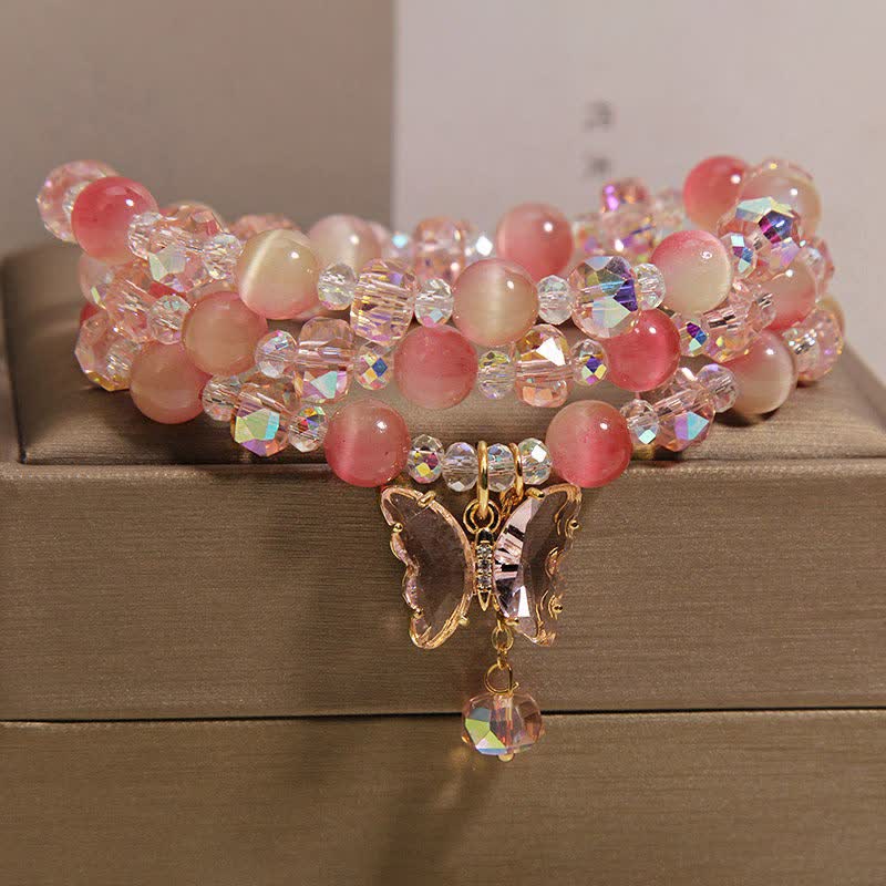 Buddha Stones Bracelet à facettes triple tour Peach Cat's Eye Butterfly Love - image 2