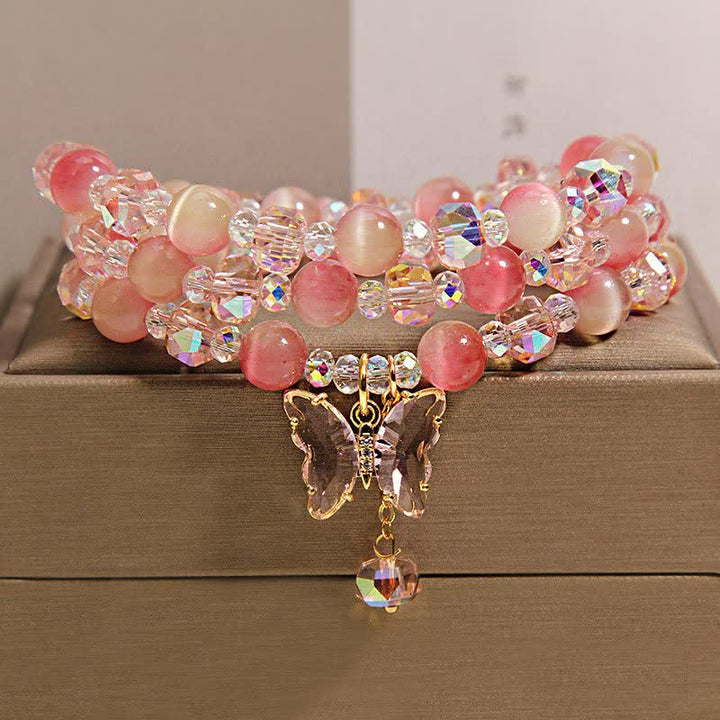 Buddha Stones Bracelet à facettes triple tour Peach Cat's Eye Butterfly Love - image 1