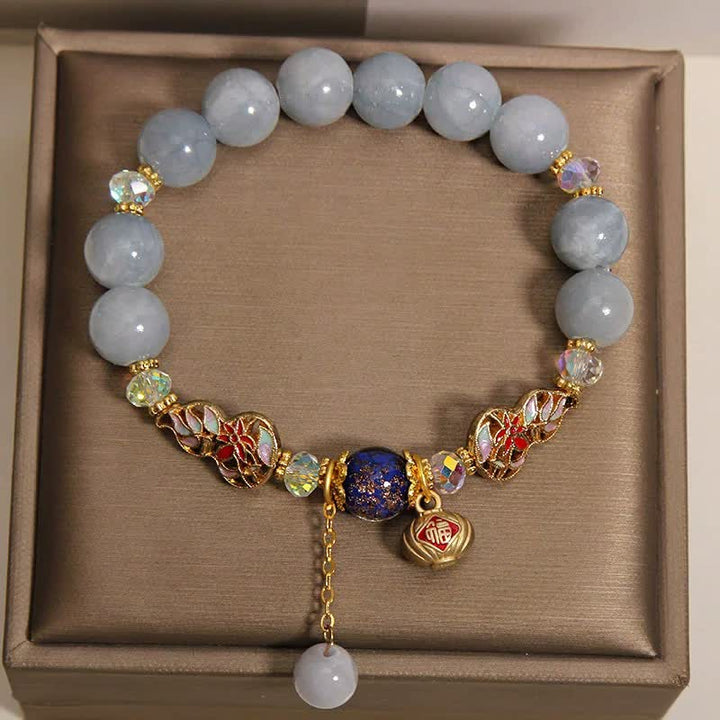 Buddha Stones Bracelet rond en forme de gourde cloisonnée avec personnage Fu en aigue-marine et chance - image 4