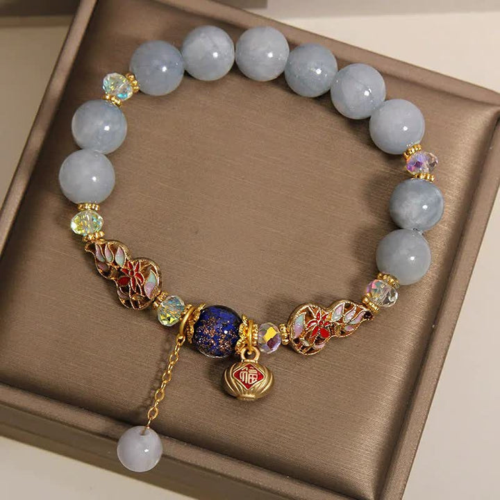 Buddha Stones Bracelet rond en forme de gourde cloisonnée avec personnage Fu en aigue-marine et chance - image 3