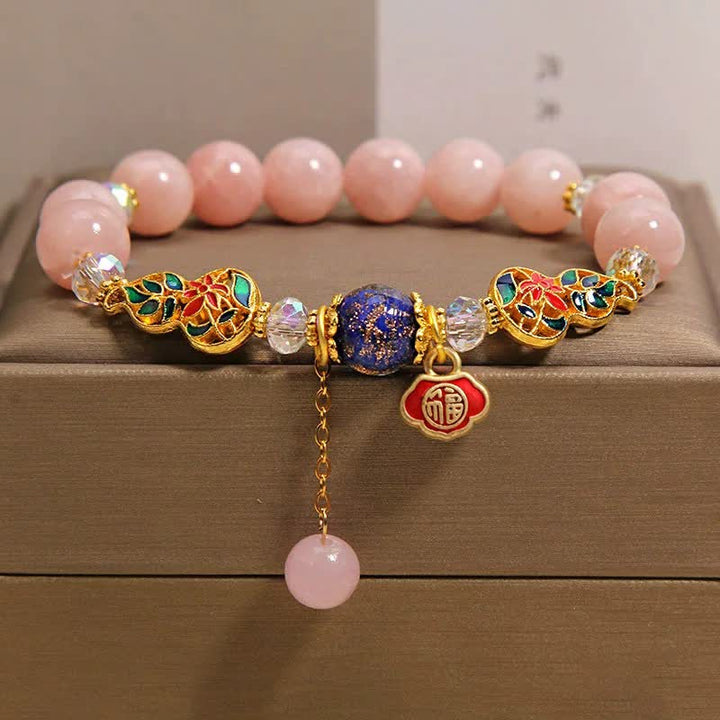 Buddha Stones Bracelet rond en forme de gourde cloisonnée avec personnage Fu en aigue-marine et chance - Calcédoine rose (Paix intérieure ♥ Pardon) - image 9