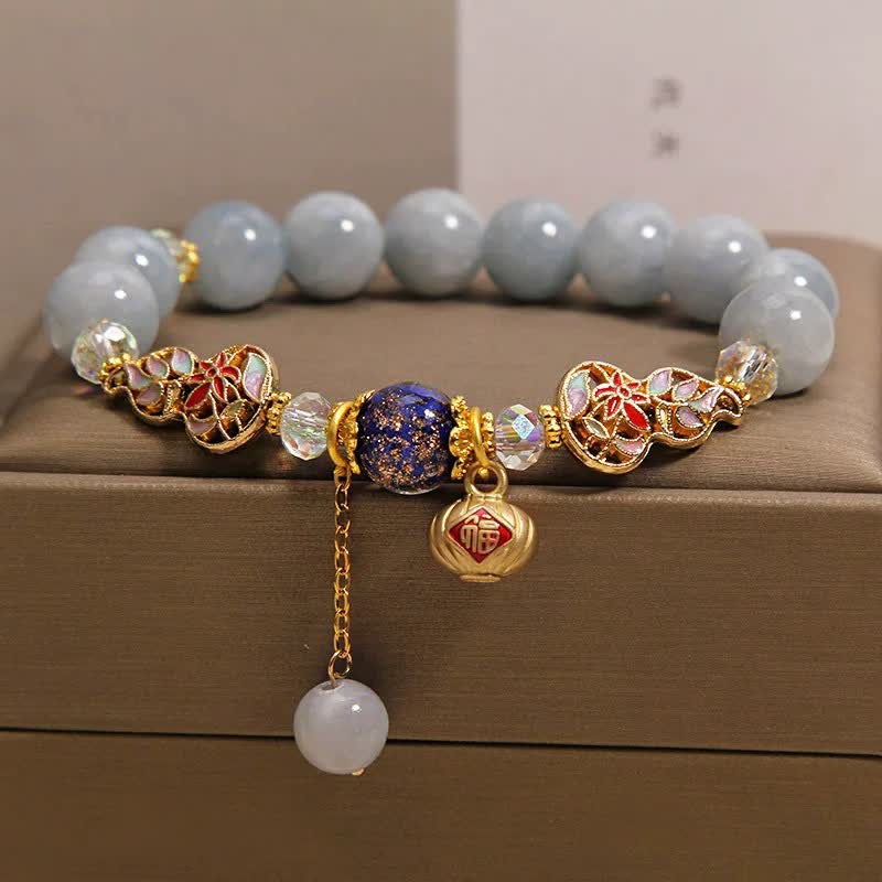 Buddha Stones Bracelet rond en forme de gourde cloisonnée avec personnage Fu en aigue-marine et chance - image 1