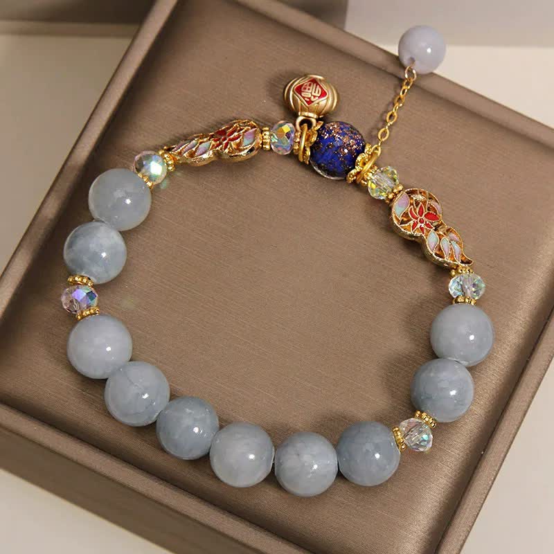 Buddha Stones Bracelet rond en forme de gourde cloisonnée avec personnage Fu en aigue-marine et chance - image 8