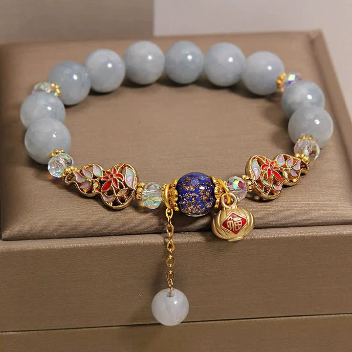 Buddha Stones Bracelet rond en forme de gourde cloisonnée avec personnage Fu en aigue-marine et chance - image 2