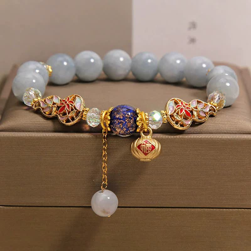 Buddha Stones Bracelet rond en forme de gourde cloisonnée avec personnage Fu en aigue-marine et chance - Aigue-marine (Courage ♥ Apaisement) - image 0