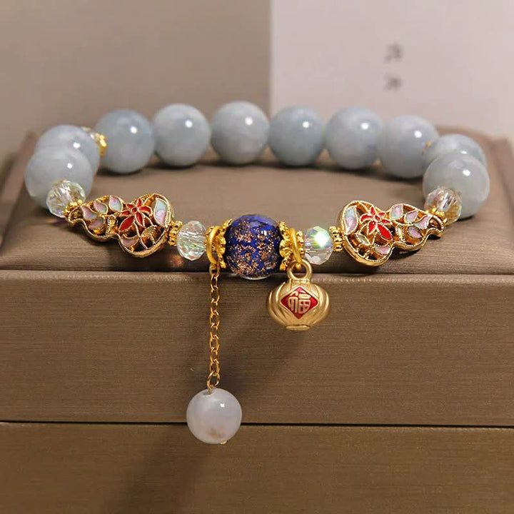 Buddha Stones Bracelet rond en forme de gourde cloisonnée avec personnage Fu en aigue-marine et chance - Aigue-marine (Courage ♥ Apaisement) - image 0
