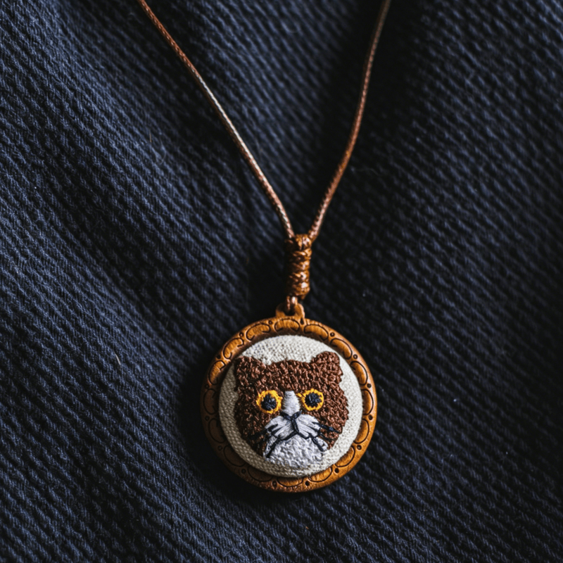 Buddha Stones Collier pendentif rond brodé « Chat des bois porte-bonheur » - image 9