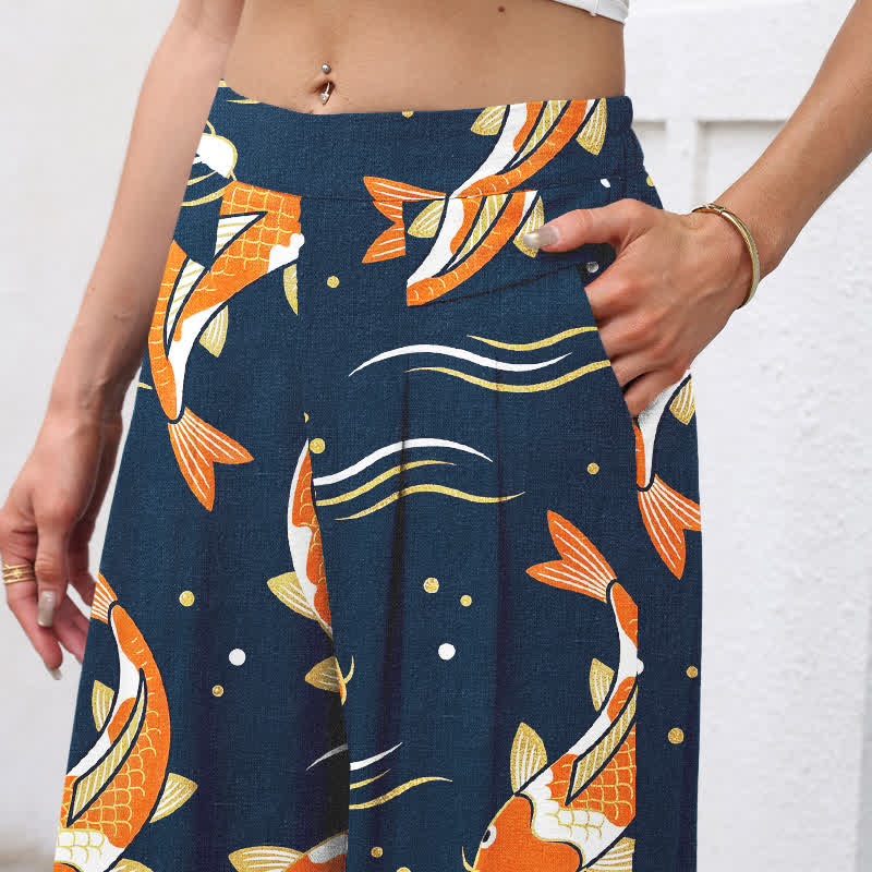 Buddha Stones Pantalon large en coton et lin à motif de carpes koï pour femme, taille élastique et poches - image 2