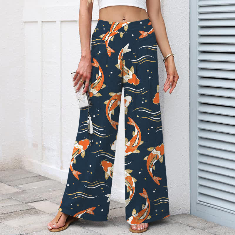 Buddha Stones Pantalon large en coton et lin à motif de carpes koï pour femme, taille élastique et poches - image 1