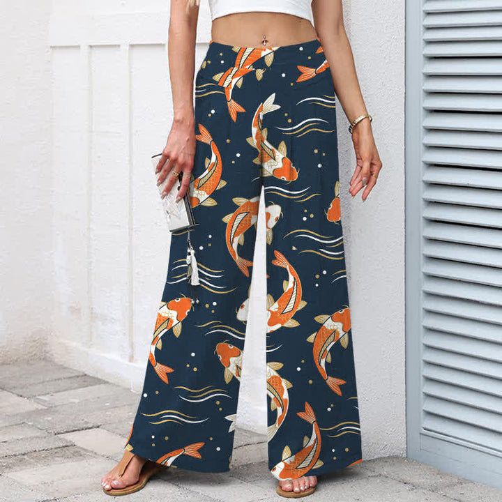 Buddha Stones Pantalon large en coton et lin à motif de carpes koï pour femme, taille élastique et poches - image 1