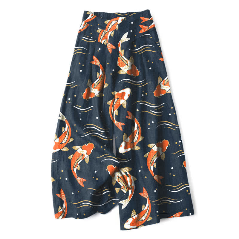 Buddha Stones Pantalon large en coton et lin à motif de carpes koï pour femme, taille élastique et poches - Marine - US16，UK/AU20，EU48 (3XL) - image 0