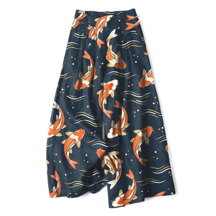 Buddha Stones Pantalon large en coton et lin à motif de carpes koï pour femme, taille élastique et poches - Marine - US16，UK/AU20，EU48 (3XL) - image 0