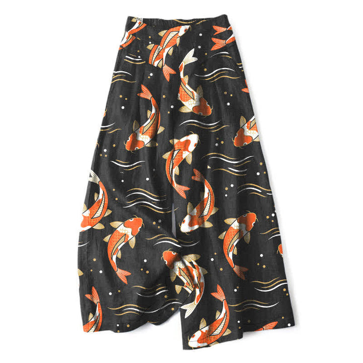 Buddha Stones Pantalon large en coton et lin à motif de carpes koï pour femme, taille élastique et poches - Noir - US16，UK/AU20，EU48 (3XL) - image 5