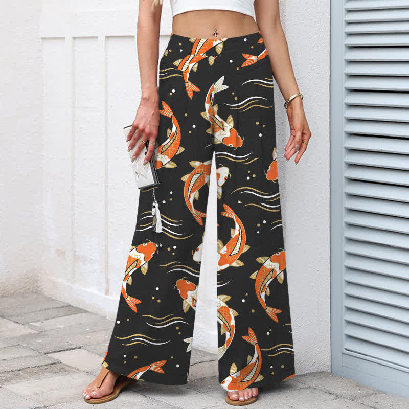 Buddha Stones Pantalon large en coton et lin à motif de carpes koï pour femme, taille élastique et poches - image 6