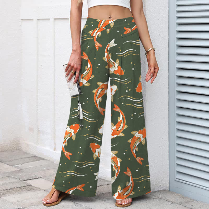 Buddha Stones Pantalon large en coton et lin à motif de carpes koï pour femme, taille élastique et poches - image 8
