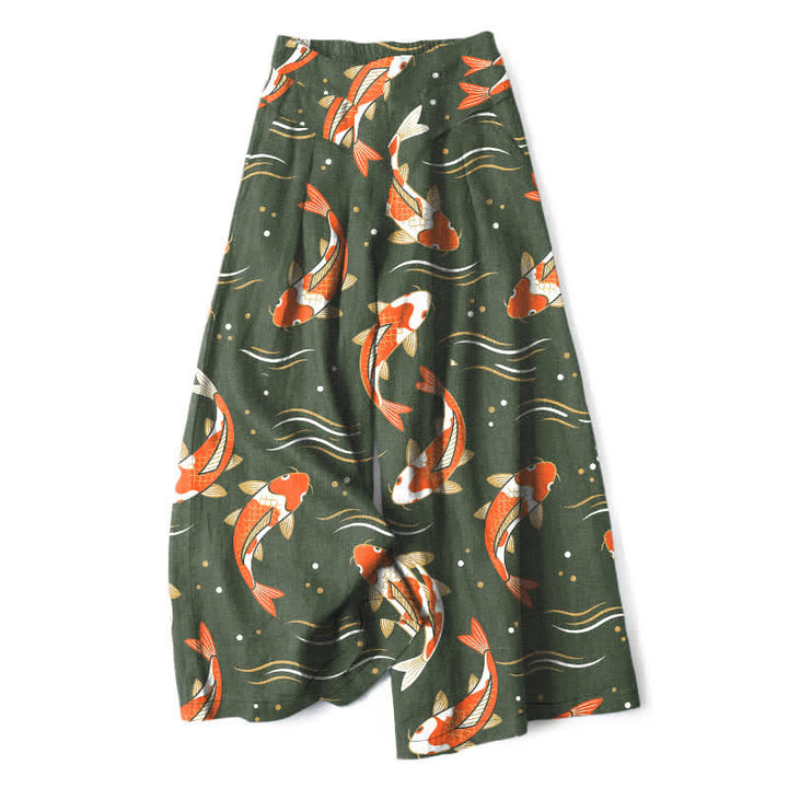 Buddha Stones Pantalon large en coton et lin à motif de carpes koï pour femme, taille élastique et poches - Vert olive foncé - US16，UK/AU20，EU48 (3XL) - image 7