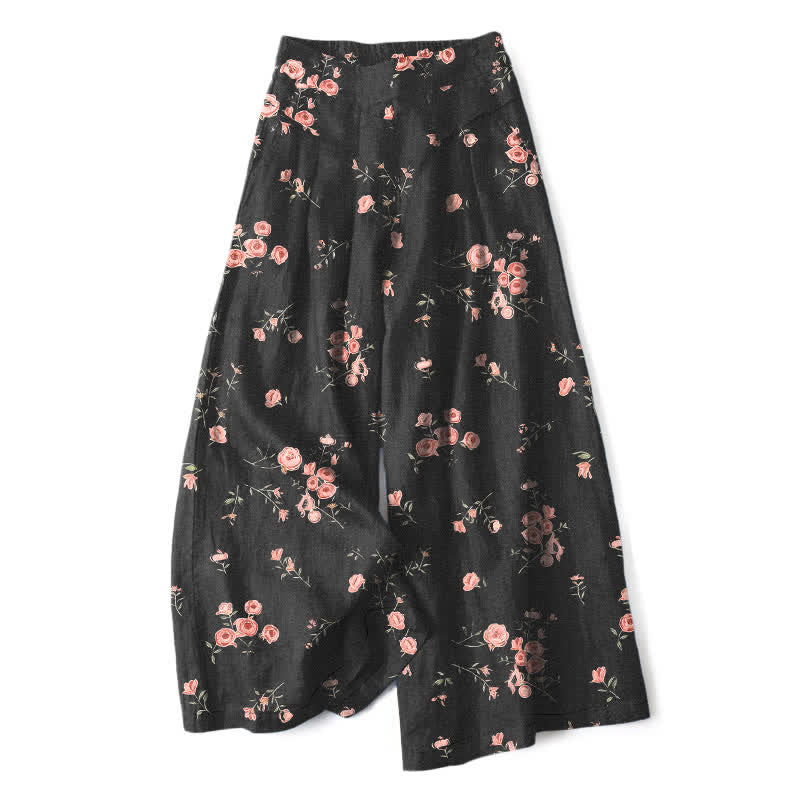 Buddha Stones Pantalon large pour femme en coton et lin à motif rose vintage, taille élastique et poches - Noir - US16，UK/AU20，EU48 (3XL) - image 0