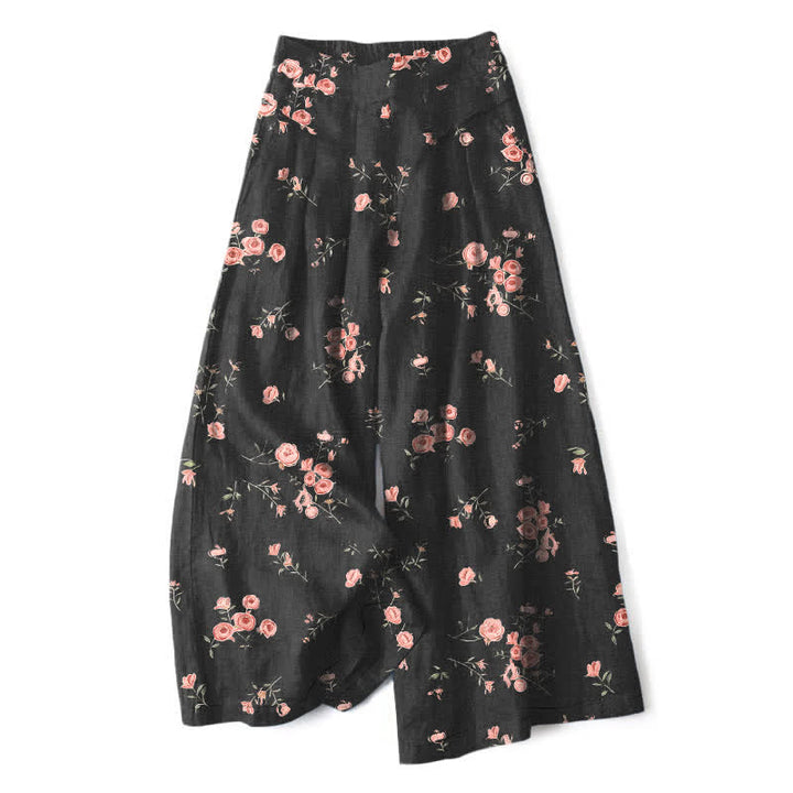 Buddha Stones Pantalon large pour femme en coton et lin à motif rose vintage, taille élastique et poches - Noir - US16，UK/AU20，EU48 (3XL) - image 0